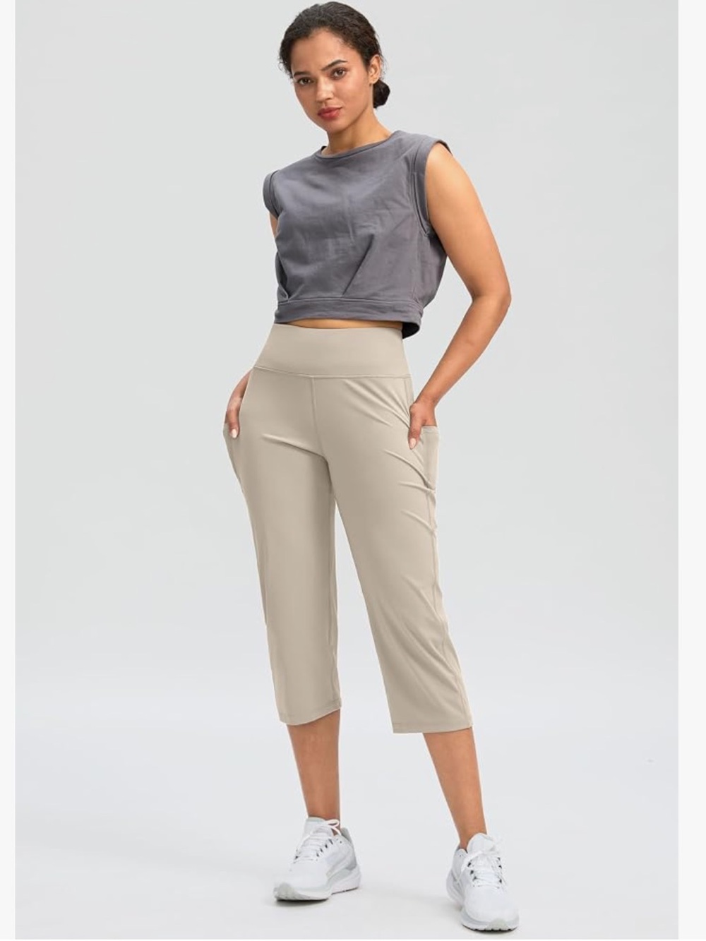 G Gradual Capri High-Waisted Workout Leggings in Taupe | Size Medium